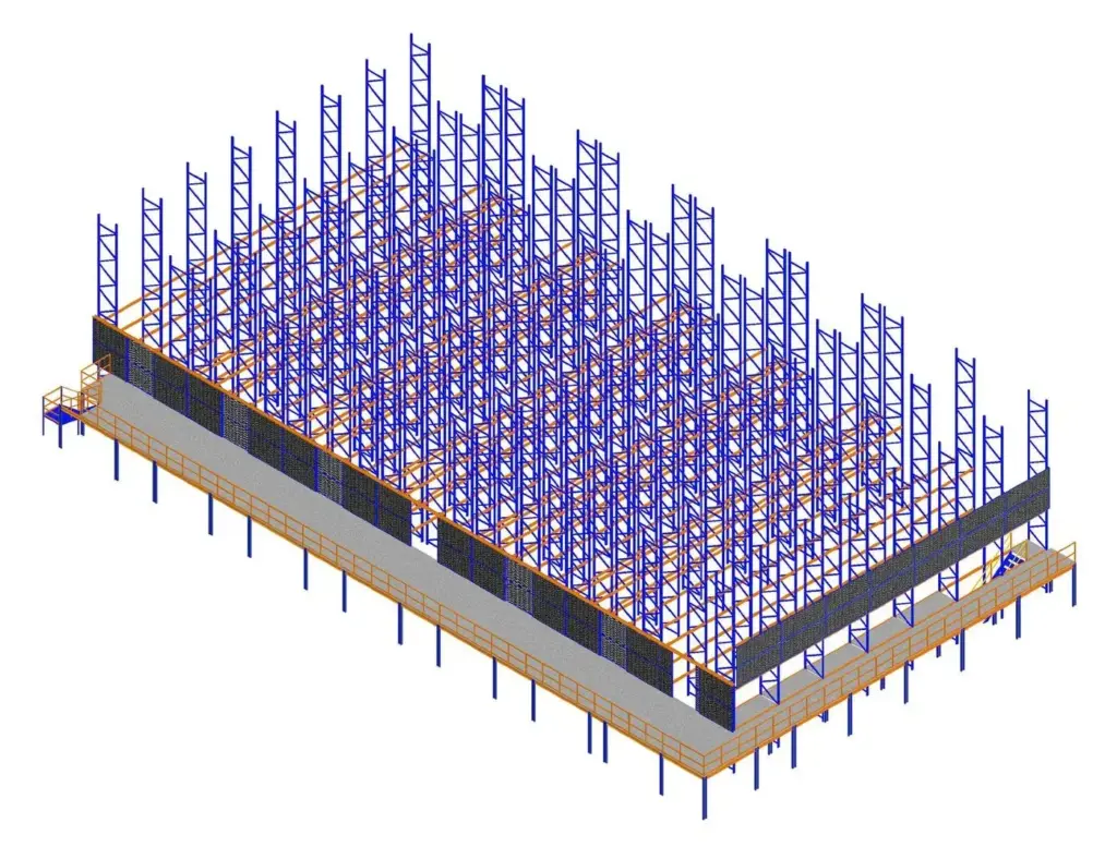 Modelo 3D de la entreplanta sobre racks en cuarto frío