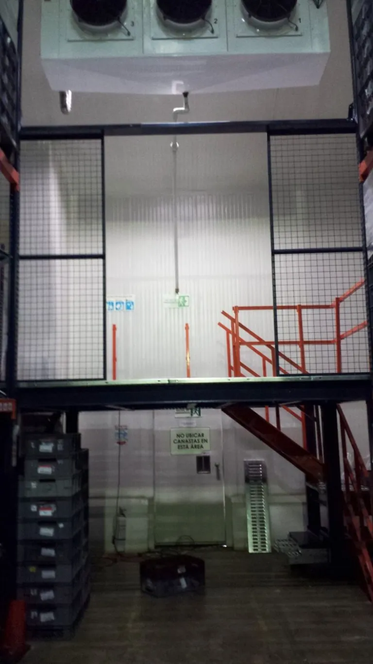 Cuarto frío con entreplanta sobre racks y escalera